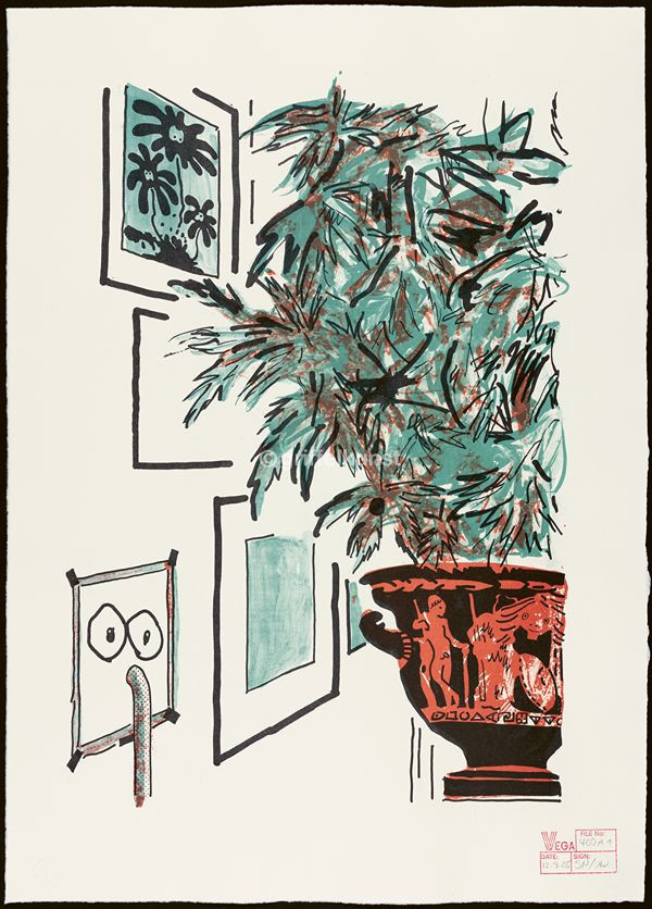 400 A1 Sachlich 1 Liebe (Hanfpflanze in griechischer Vase mit Heike Kati Barath als Medusa vor diversen anderen Werken) 70,0 × 50,0 cm