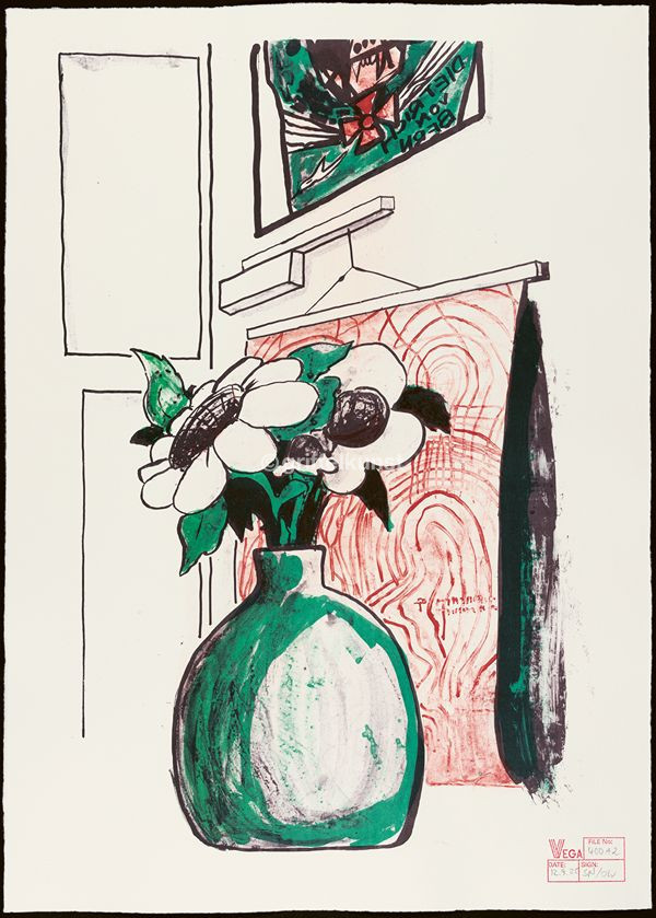 400 A2 Sachlich 2 Abscheu (gefundener Blumenstrauß vor Dieter Roth Zeichnung an Per Kirkeby Aufhängung, darüber etwas von Jonathan Meese) 70,0 × 50,0 cm