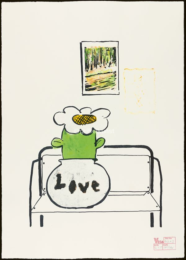 400 A3 Sachlich 3 Nostalgie (dicke Blume in denkbarer Stefan Marx Vase auf Sammlerbank vor Silvia Bächli und der vagen Erinnerung an eine wichtige Person) 70,0 × 50,0 cm