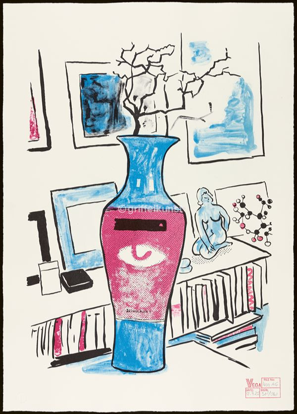 400 A6 Sachlich 6 Nähe (Trockenstrauß von Karl Schmidt-Rottluff in Thomas Schüttes chinesischer Vase vor Sammlerregal) 70,0 × 50,0 cm